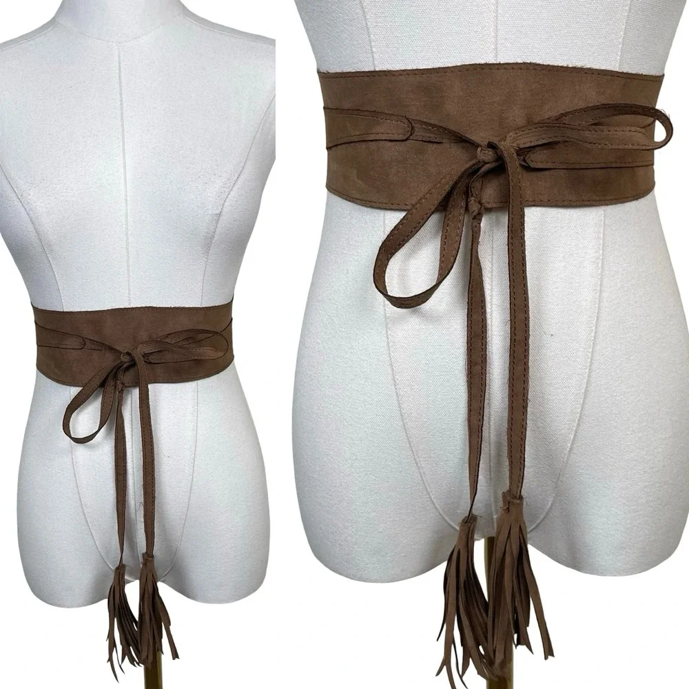Vintage Faux Suede Tassel Wrap Obi Belt Women Brown Fringe Cinch Waist Boho